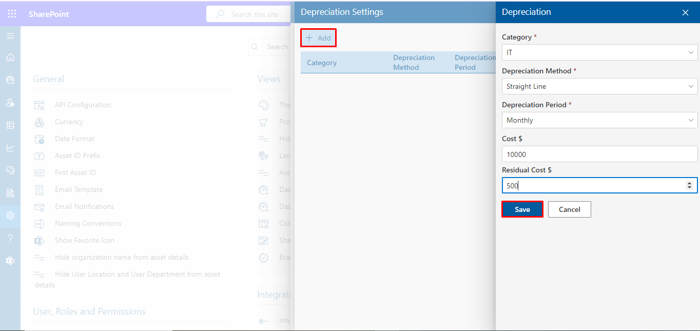 Depreciation Settings Add